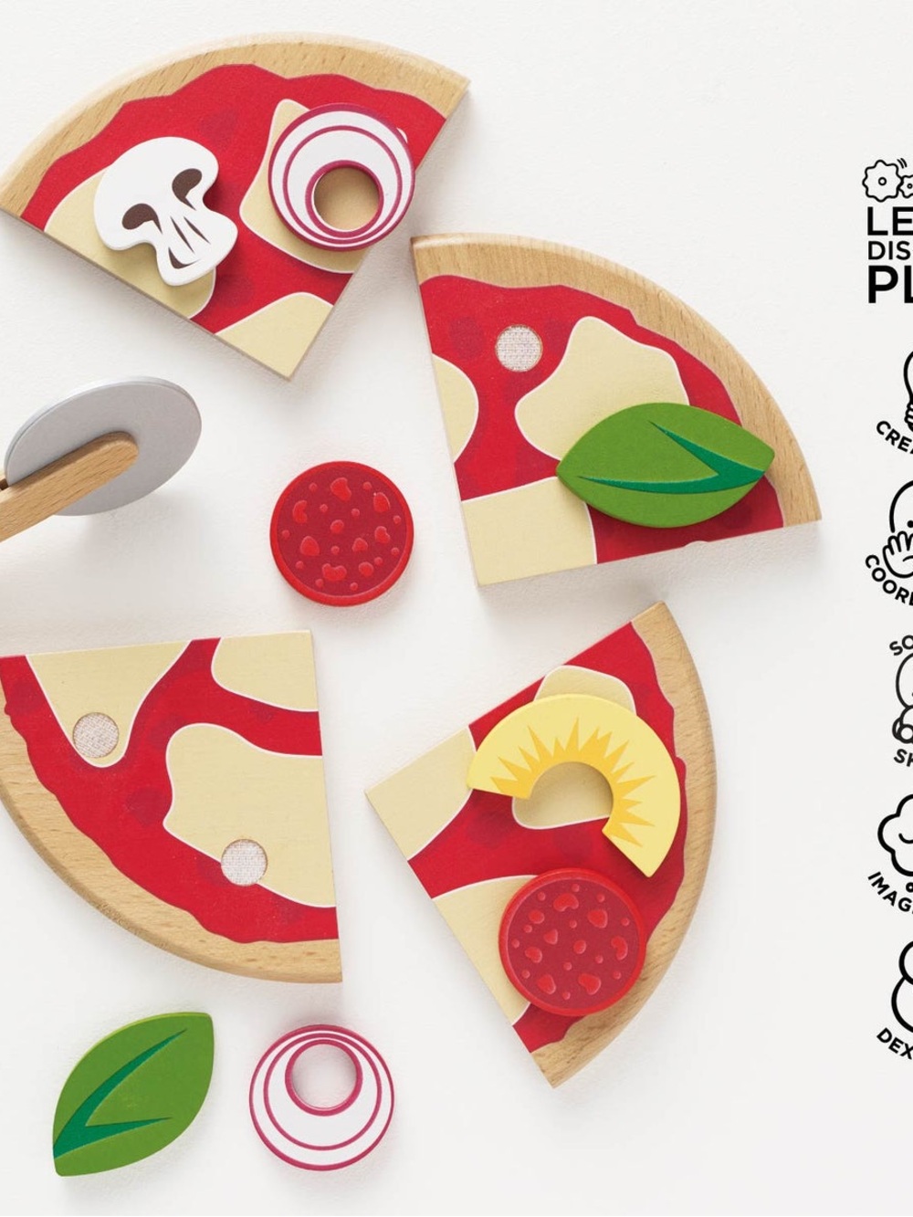Wooden Toy Pizza Play Set - Red & Natural Pretend Food